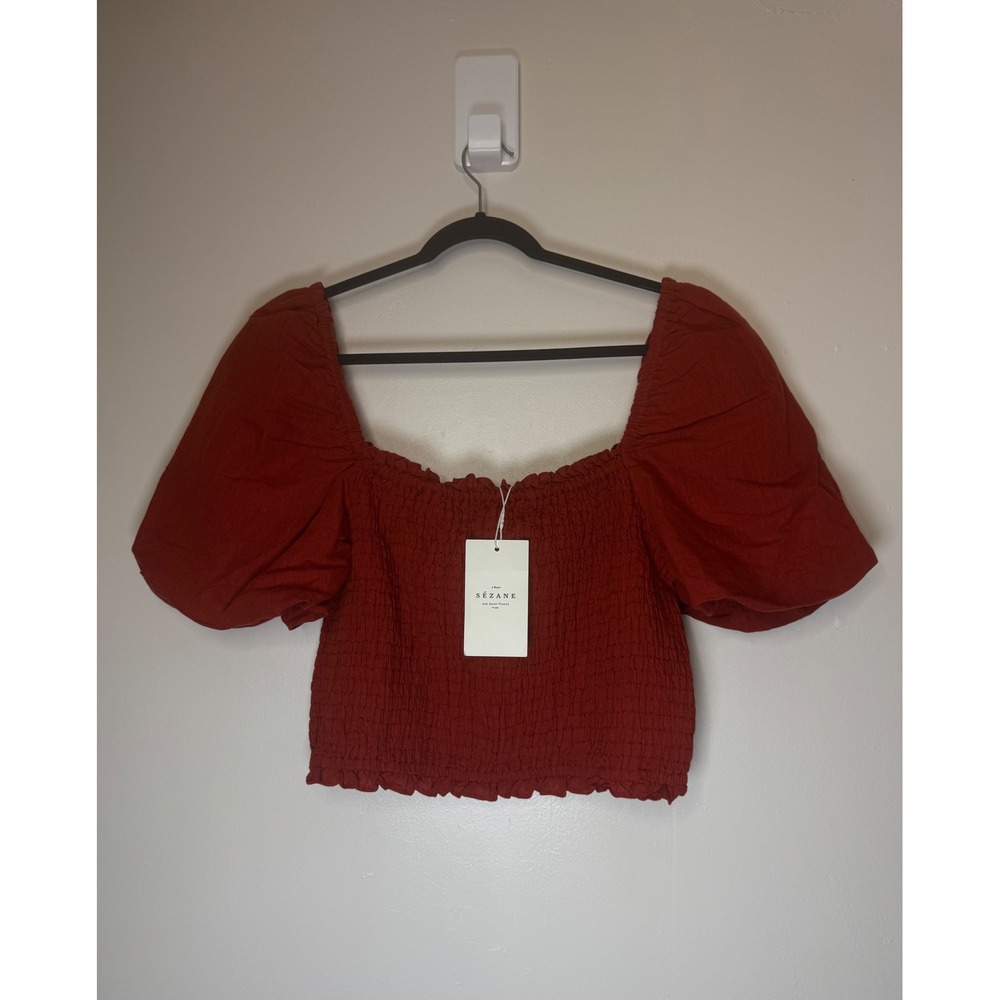 Sezane Red Smocked Puff Sleeve Crop Top Cotton Linen Blend Sz 46 NEW - Picture 2 of 9